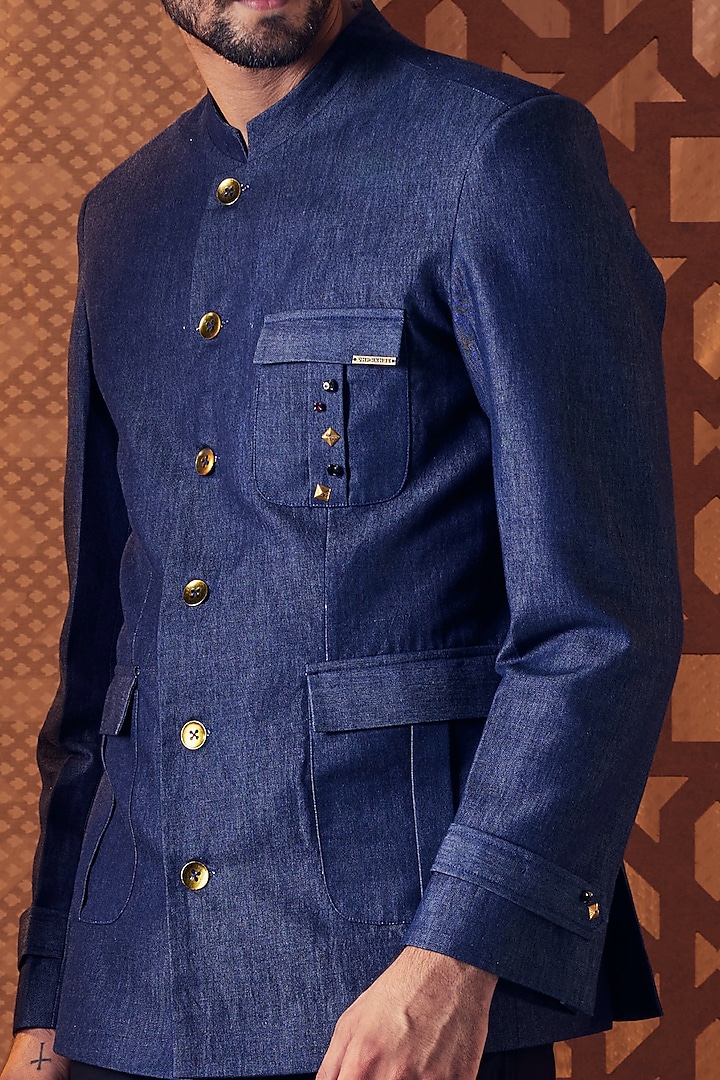 Navy Blue Denim Bandhgala Jacket by Charkhee Men at Pernia's Pop Up Shop