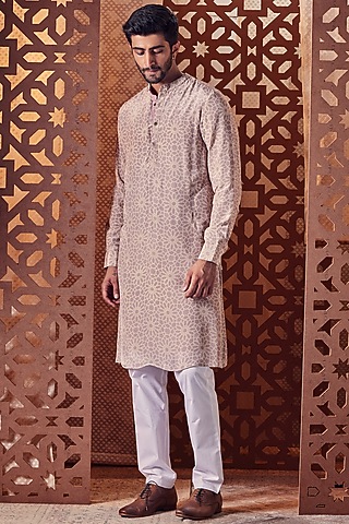 Beige Printed Kurta Set by Charkhee Men