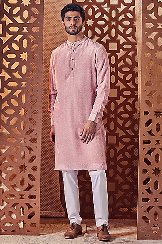Pink Crepe Printed Kurta Set by Charkhee Men