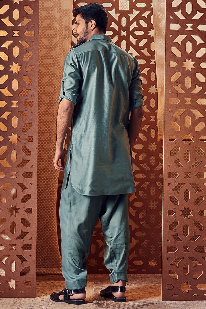 Sage Green Embroidered Bundi Jacket With Kurta Set by Charkhee Men at Pernia's Pop Up Shop