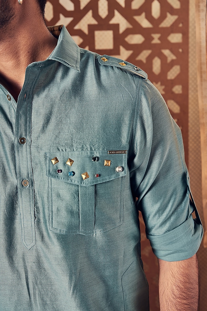 Sage Green Embroidered Bundi Jacket With Kurta Set by Charkhee Men at Pernia's Pop Up Shop