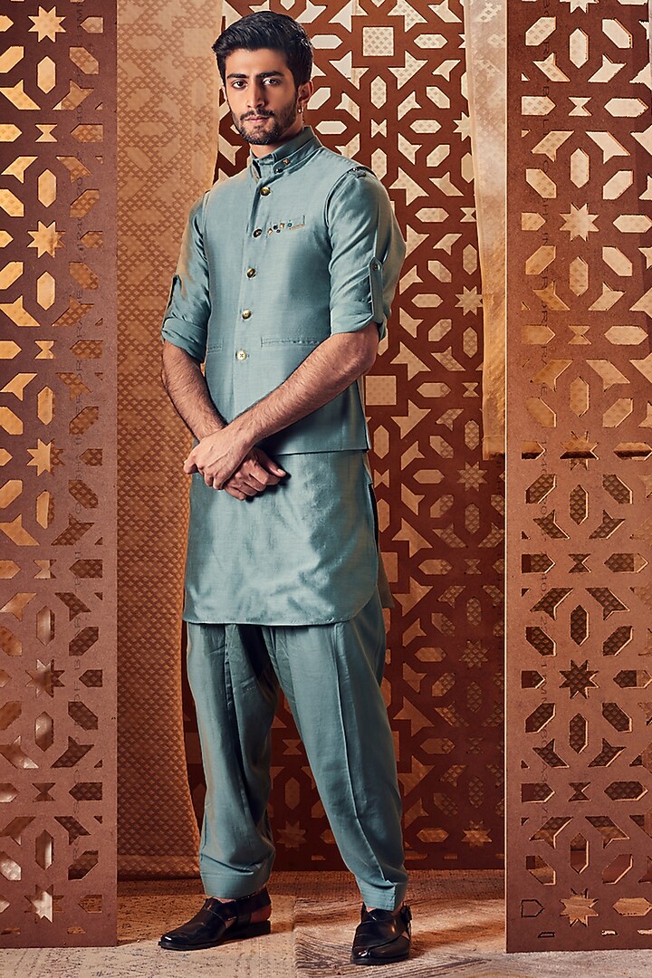 Sage Green Embroidered Bundi Jacket With Kurta Set by Charkhee Men at Pernia's Pop Up Shop