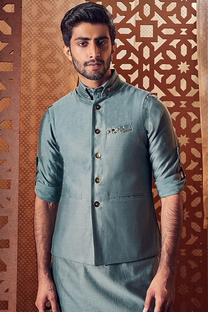 Sage Green Embroidered Bundi Jacket With Kurta Set by Charkhee Men at Pernia's Pop Up Shop
