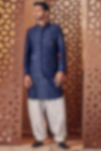 Navy Blue Embroidered Bandhgala Set by Charkhee Men