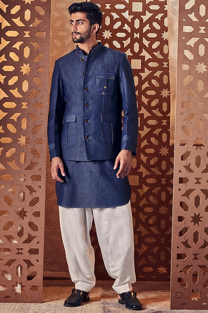 Navy Blue Embroidered Bandhgala Set by Charkhee Men