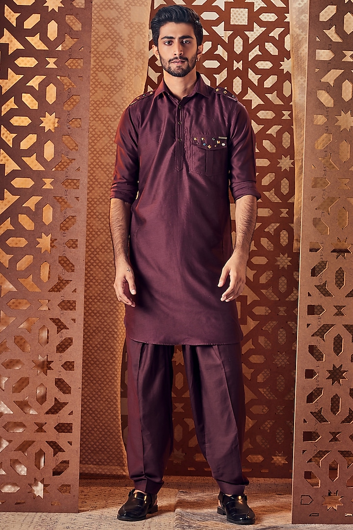 Chocolate Silk Embroidered Bandhgala Set by Charkhee Men