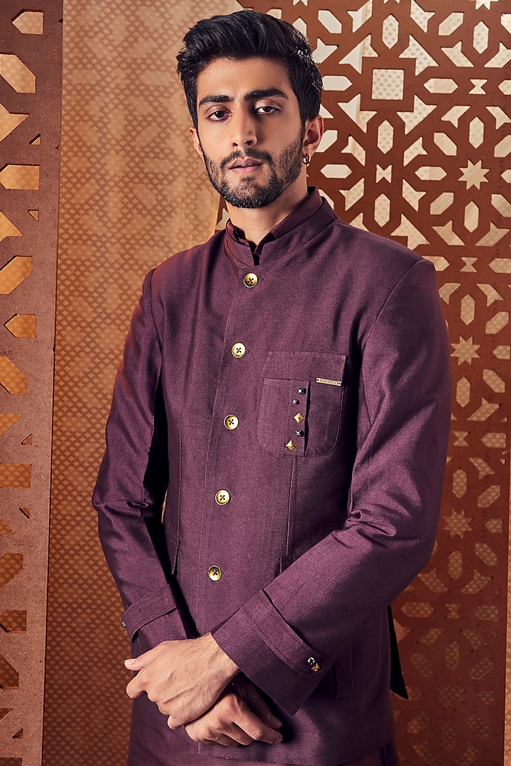 Chocolate Silk Embroidered Wedding Bandhgala Set by Charkhee Men at Pernia's Pop Up Shop