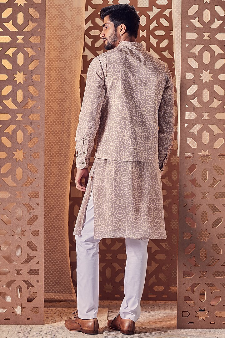 Beige Printed Bundi Jacket With Kurta Set by Charkhee Men at Pernia's Pop Up Shop