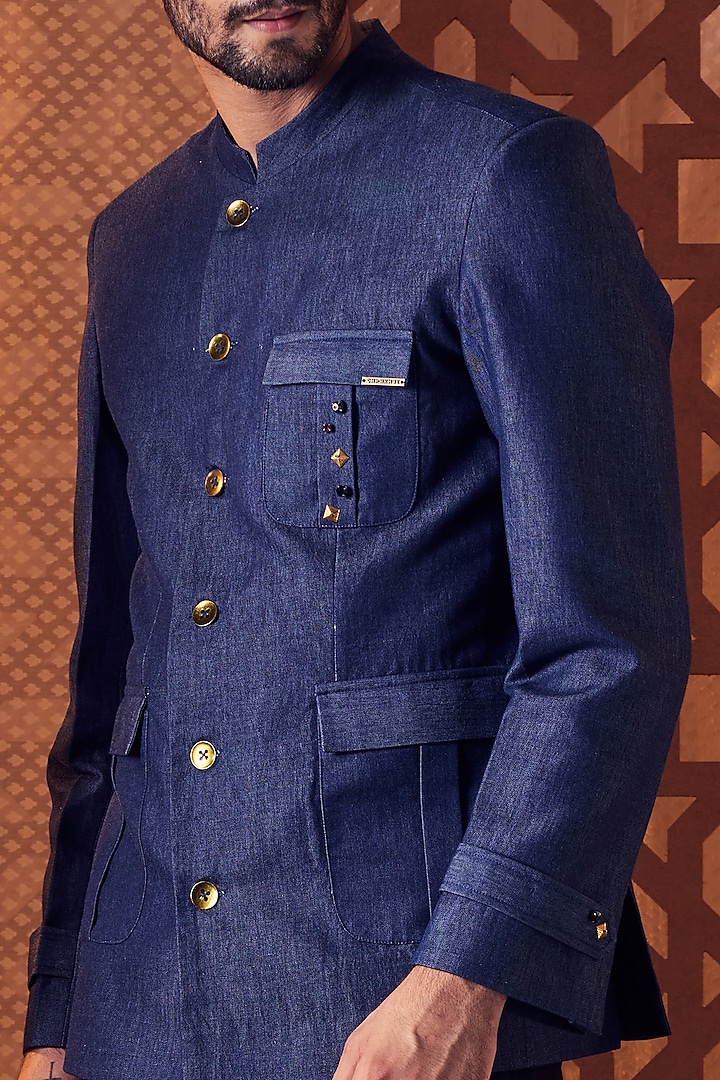 Navy Blue Embroidered Bandhgala Set by Charkhee Men at Pernia's Pop Up Shop