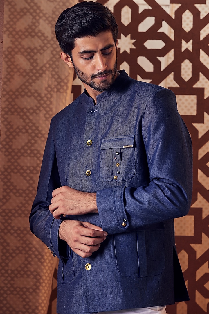 Navy Blue Denim Embroidered Bandhgala Set by Charkhee Men at Pernia's Pop Up Shop