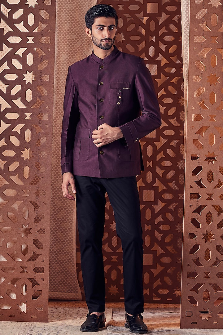 Choco Embroidered Bandhgala Set by Charkhee Men