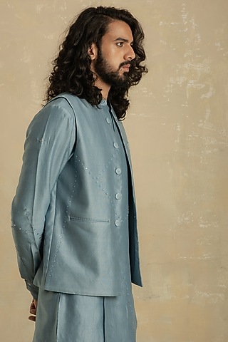 Ice Blue Nehru Jacket With Mirror Work by Charkhee Men