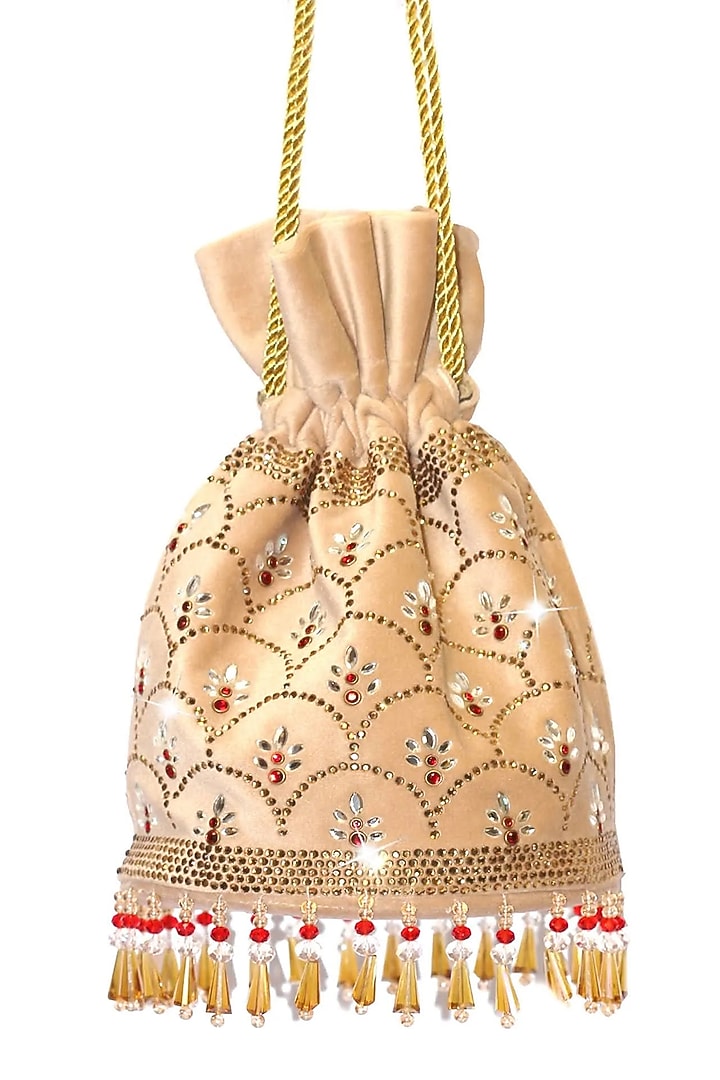 Gold Velvet Embellished Potli by Crystal Craft at Pernia's Pop Up Shop