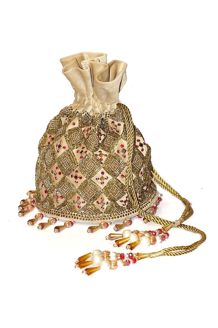 Gold Bead Embroidered Potli by Crystal Craft
