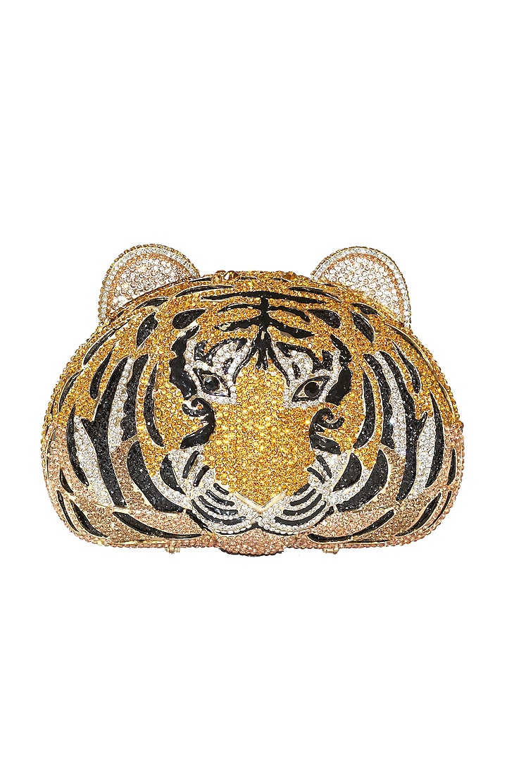 Gold Embellished Tiger Clutch Bag by Crystal Craft