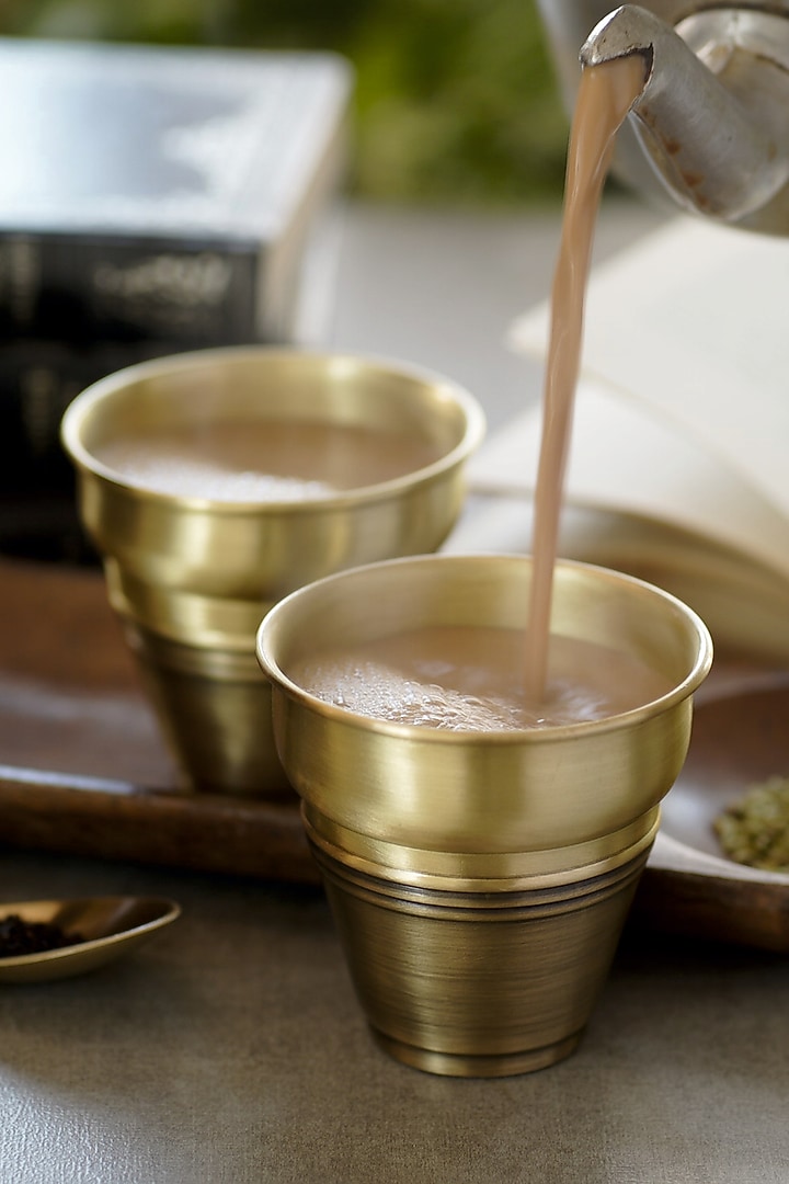 Antique Gold Brass & Ceramic Handcrafted Tea Kulhad Set by Courtyard at Pernia's Pop Up Shop