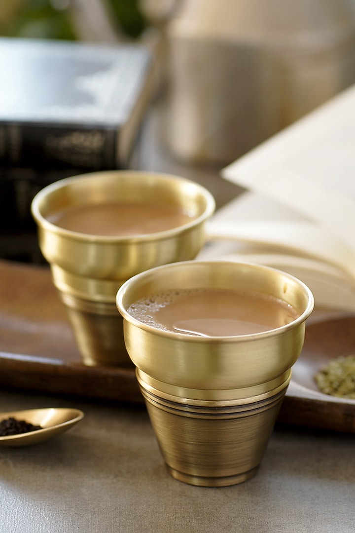 Antique Gold Brass & Ceramic Handcrafted Tea Kulhad Set by Courtyard at Pernia's Pop Up Shop