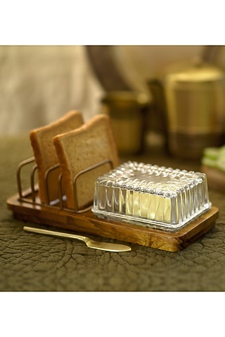 Antique Brown Wood & Brass Handcrafted Tray Set by Courtyard