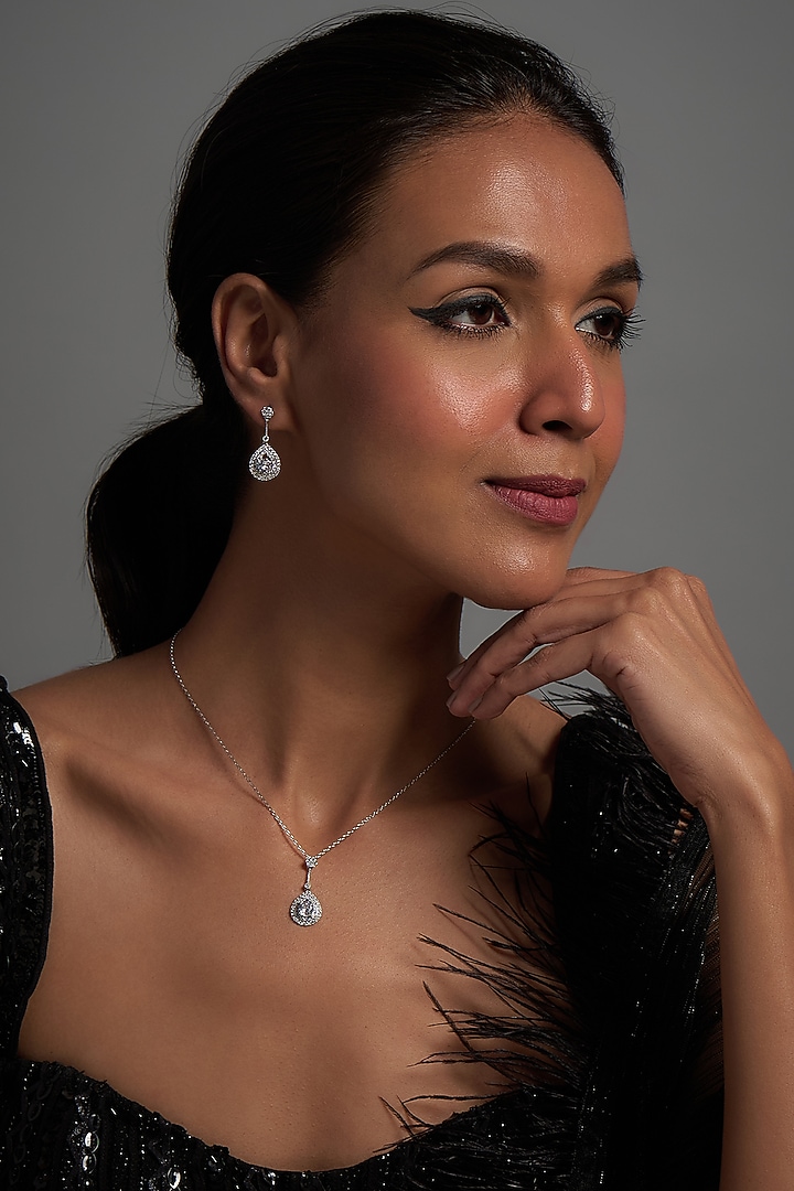 White Rhodium Plated Zircon & Austrian Crystal Necklace Set by CRYSTALYNA at Pernia's Pop Up Shop