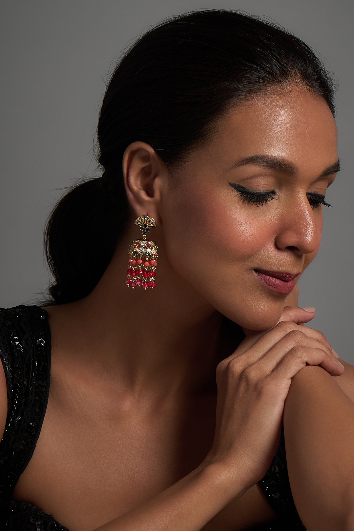Gold Rhodium Plated Zircon & Multi-Colored Stone Jhumka Earrings by CRYSTALYNA at Pernia's Pop Up Shop