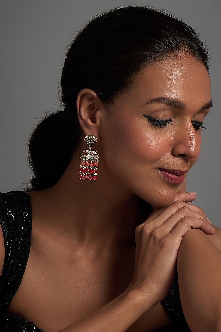 Gold Rhodium Plated Zircon & Multi-Colored Stone Jhumka Earrings by CRYSTALYNA at Pernia's Pop Up Shop