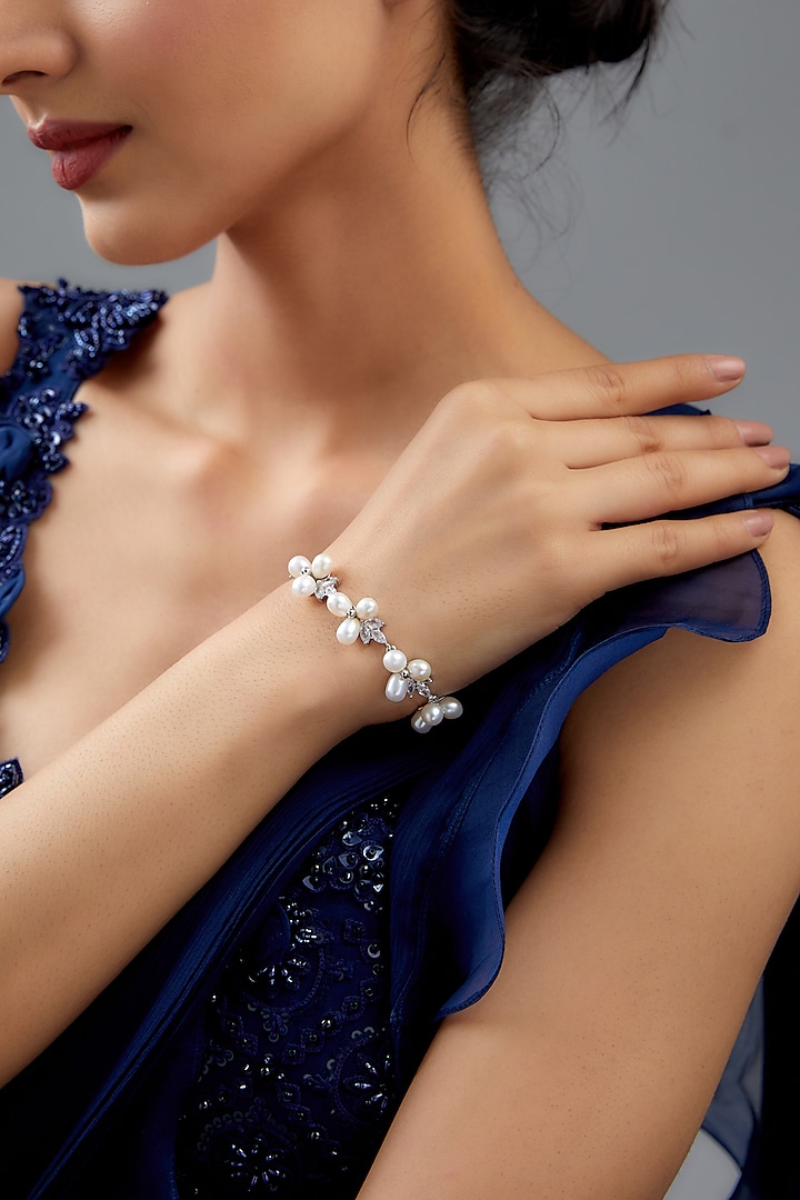 White Rhodium Finish Austrian Crystal & Pearl Bracelet by CRYSTALYNA