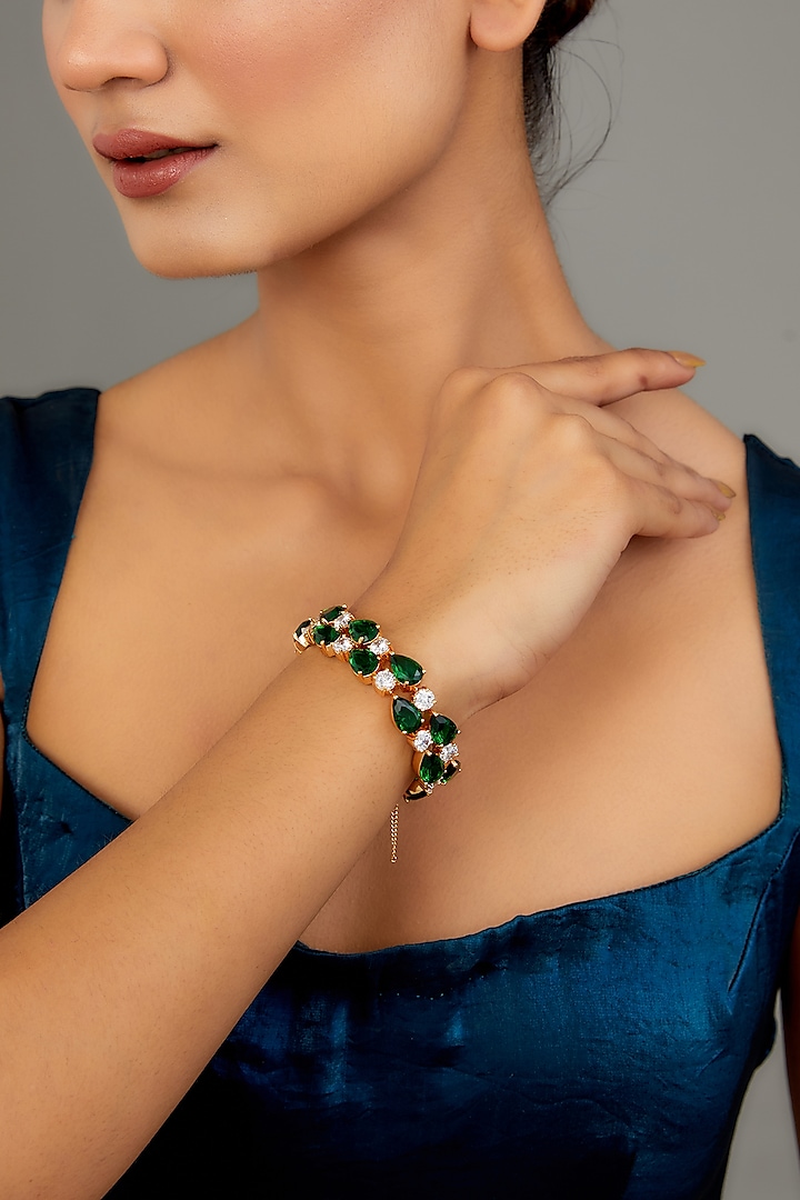 Gold Finish Green Austrian Crystal & Zircon Bracelet by CRYSTALYNA