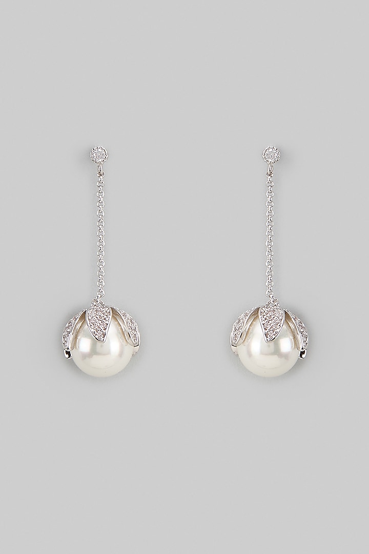 White Rhodium Finish Austrian Crystal & Pearl Dangler Earrings by CRYSTALYNA