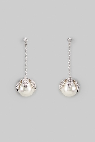White Rhodium Finish Austrian Crystal & Pearl Dangler Earrings by CRYSTALYNA