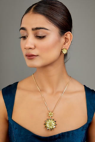 Gold Finish Green Austrian Crystal & Zircon Long Necklace Set by CRYSTALYNA