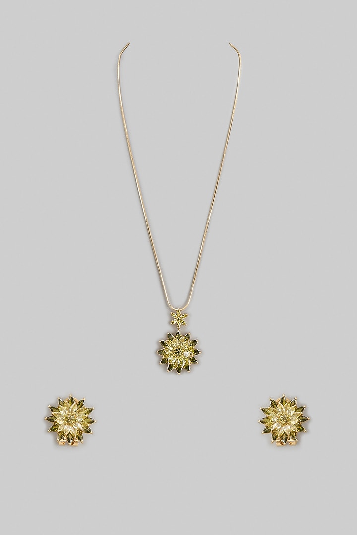 Gold Finish Green Austrian Crystal & Zircon Long Necklace Set by CRYSTALYNA at Pernia's Pop Up Shop