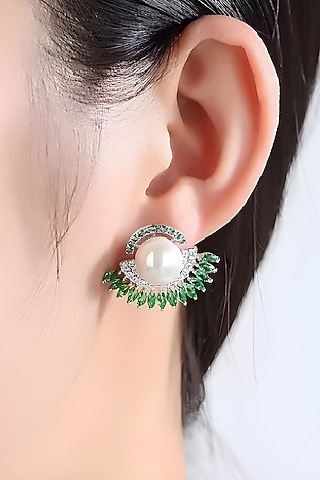 White Gold Plated Austrian Swarovski Crystal & Pearl Stud Earrings by CRYSTALYNA
