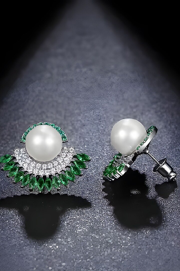 White Gold Plated Austrian Swarovski Crystal & Pearl Stud Earrings by CRYSTALYNA at Pernia's Pop Up Shop