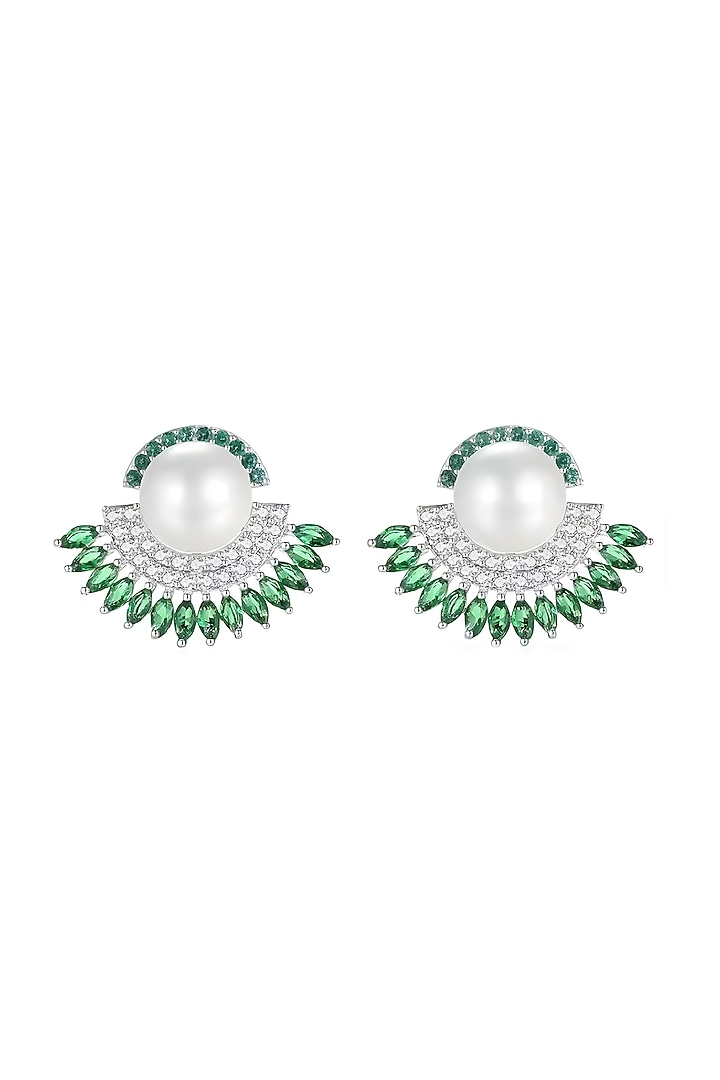 White Gold Plated Austrian Swarovski Crystal & Pearl Stud Earrings by CRYSTALYNA at Pernia's Pop Up Shop