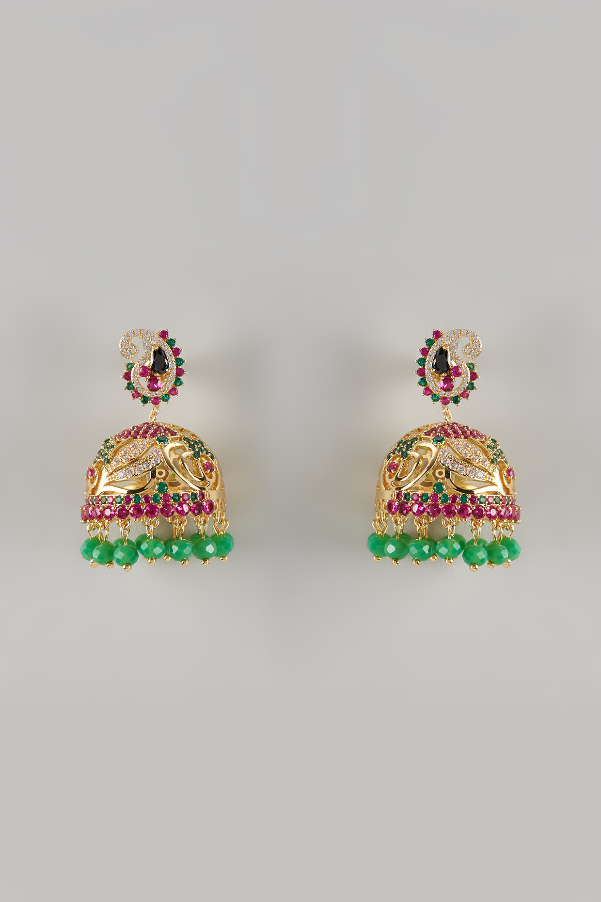 Gold Plated Multi-Colored Stone & Crystal Jhumka Earrings by CRYSTALYNA at Pernia's Pop Up Shop