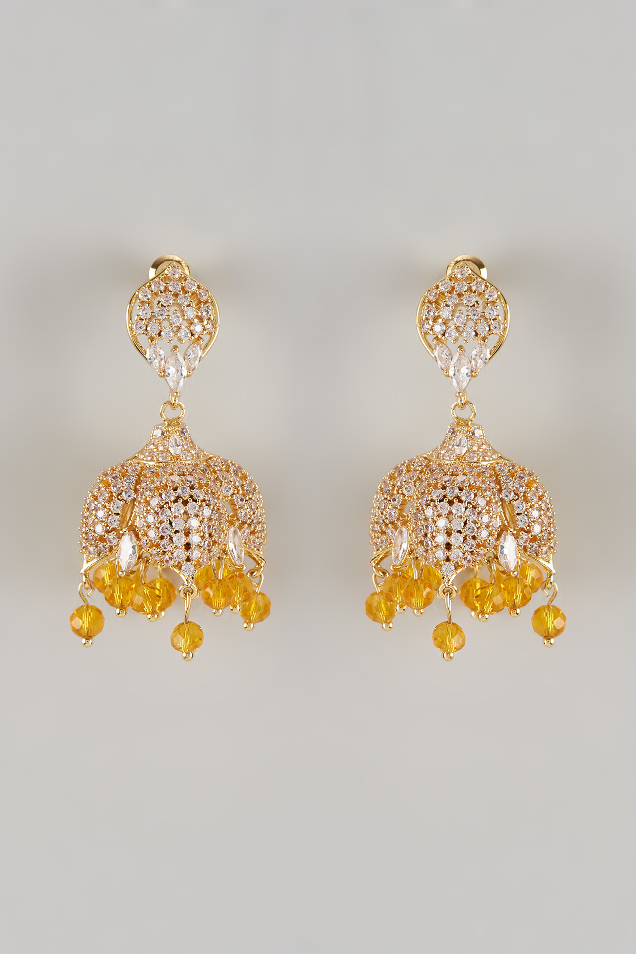 Gold Plated Yellow & White Crystal Jhumka Earrings by CRYSTALYNA at Pernia's Pop Up Shop