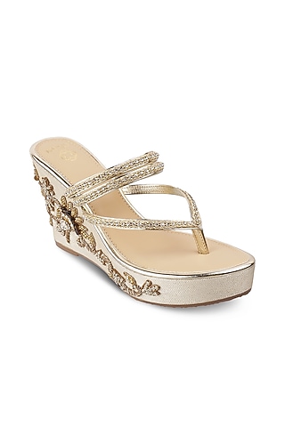Gold Embroidered Wedges by Crimzon