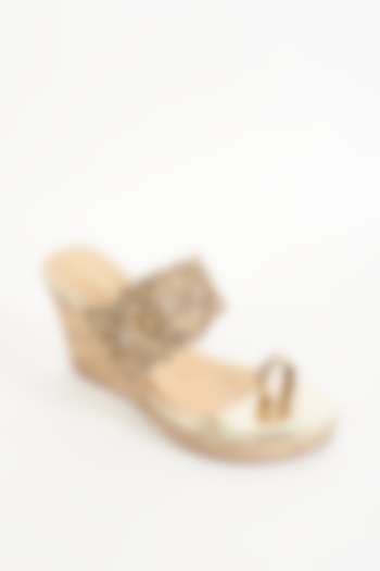 Gold Faux Leather Embroidered Kolhapuri Wedges by Crimzon