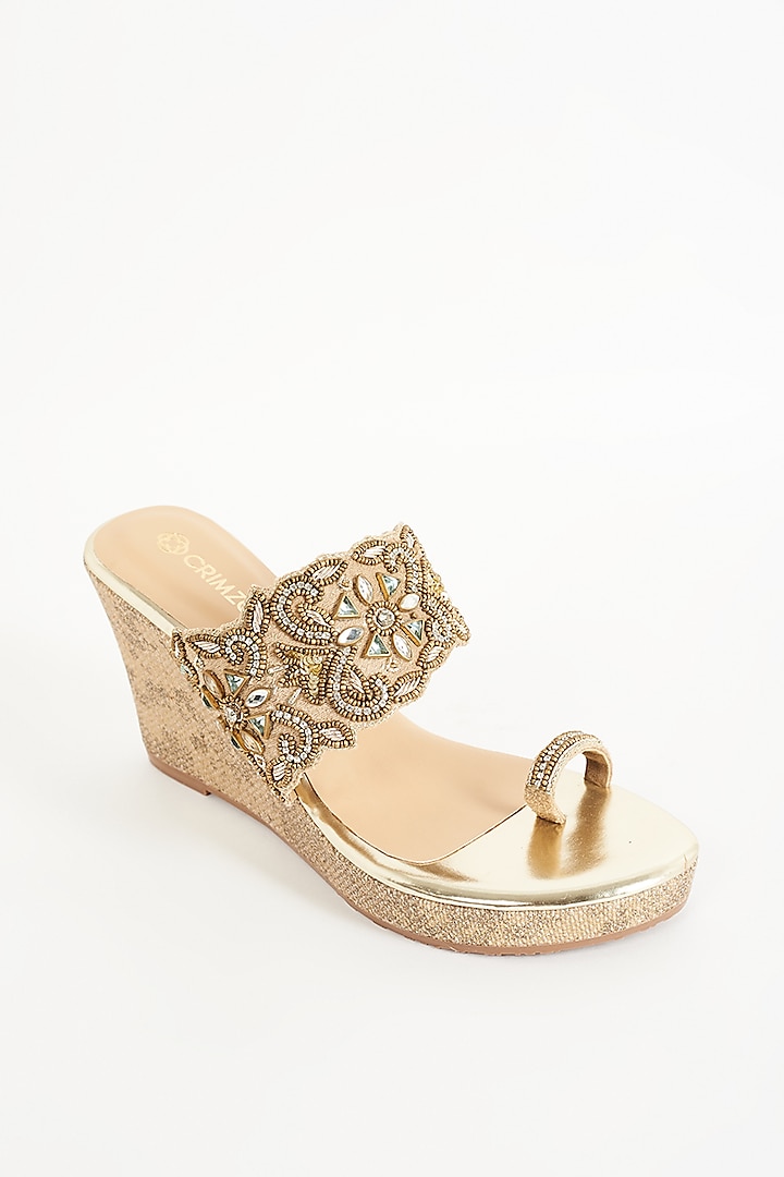 Gold Faux Leather Embroidered Kolhapuri Wedges by Crimzon