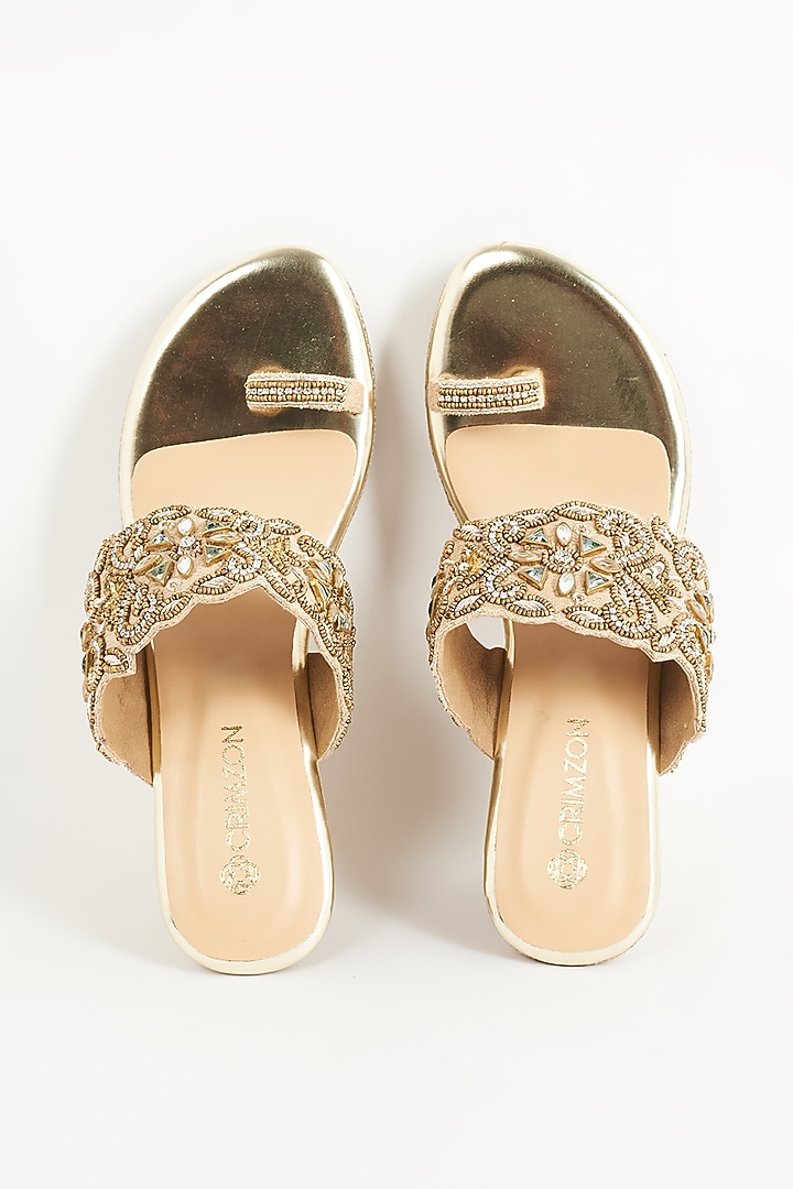 Gold Faux Leather Embroidered Kolhapuri Wedges by Crimzon at Pernia's Pop Up Shop