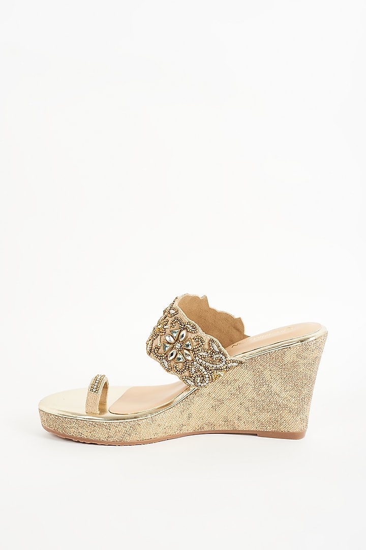 Gold Faux Leather Embroidered Kolhapuri Wedges by Crimzon at Pernia's Pop Up Shop