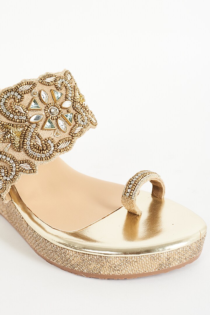 Gold Faux Leather Embroidered Kolhapuri Wedges by Crimzon at Pernia's Pop Up Shop