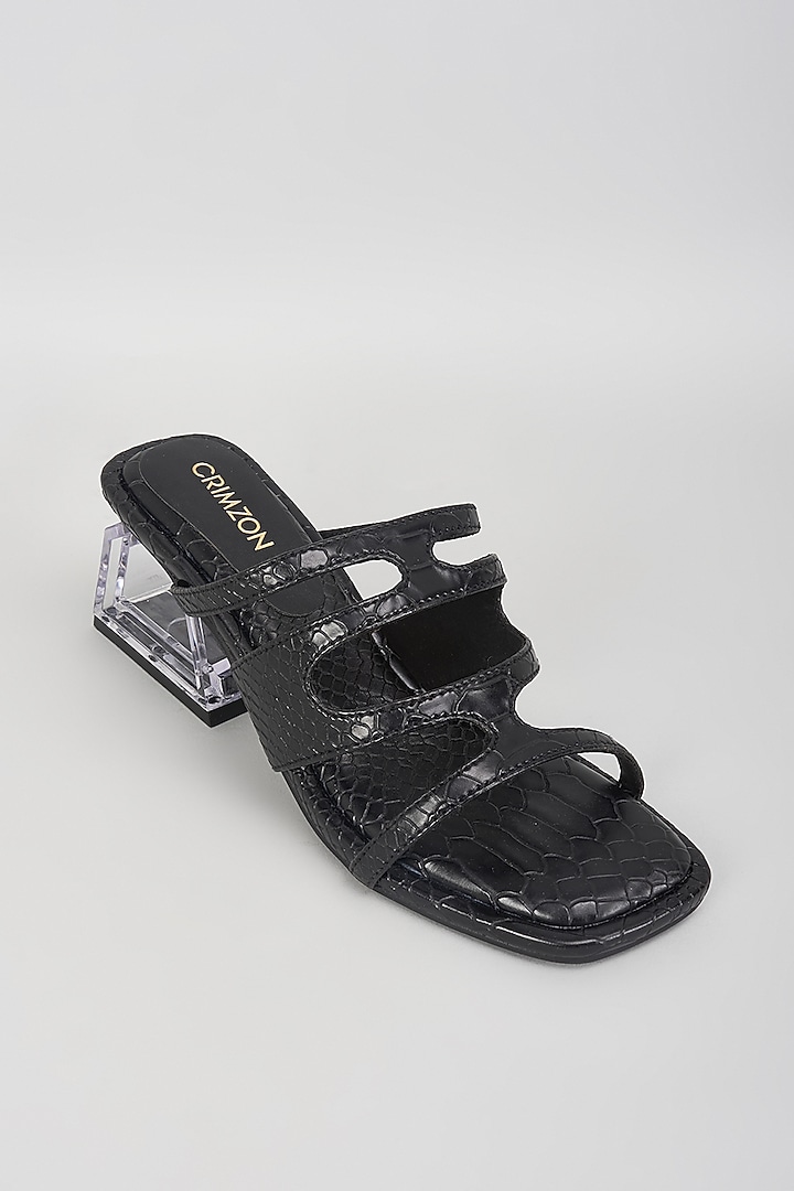 Black Leather Strappy Block Heels by Crimzon at Pernia's Pop Up Shop