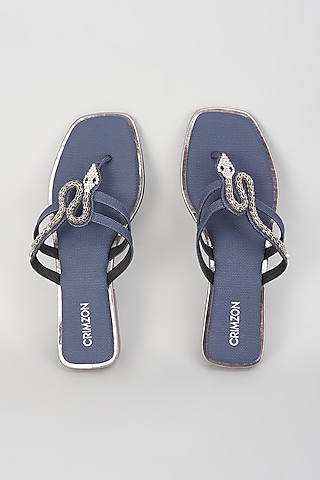 Blue Leather Motif Embellished Flats by Crimzon