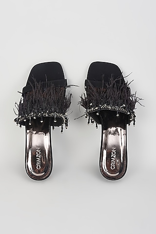 Black Leather Embellished Block Heels by Crimzon