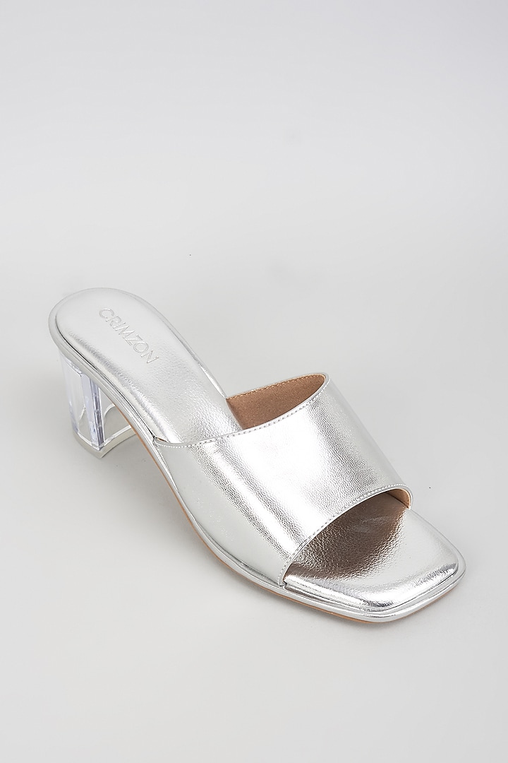 Silver Leather Block Heels by Crimzon at Pernia's Pop Up Shop