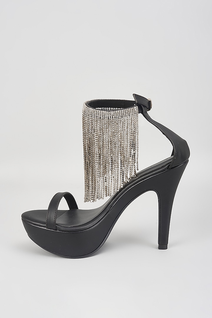 Black Leather Embellished Stiletto Heels by Crimzon at Pernia's Pop Up Shop