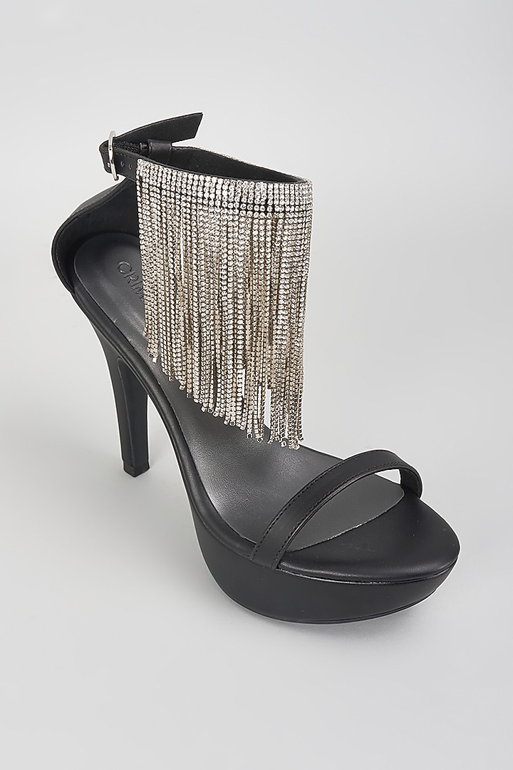 Black Leather Embellished Stiletto Heels by Crimzon at Pernia's Pop Up Shop