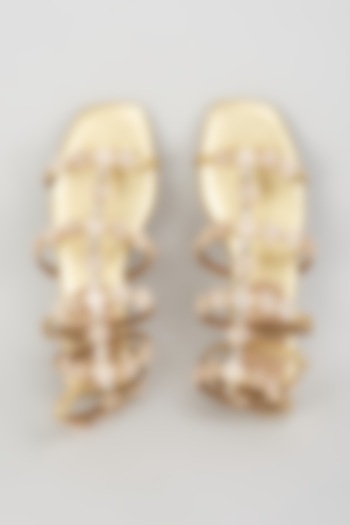 Gold Leather Kundan Embellished Flats by Crimzon at Pernia's Pop Up Shop