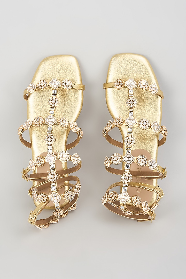 Gold Leather Kundan Embellished Flats by Crimzon at Pernia's Pop Up Shop